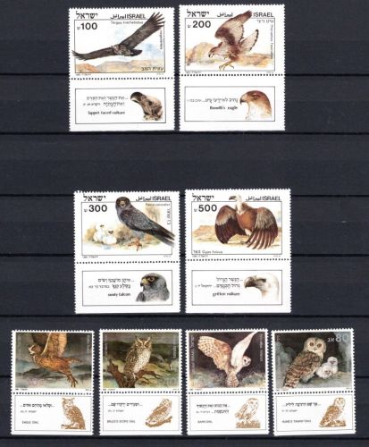 Israel MiNr. 982-985 / 1052-1055 mit TABS postfrisch Greifvögel Eulen