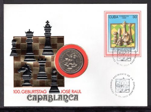 Kuba 1988 Numisbrief 1 Peso, Schachspieler CAPABLANCA ST