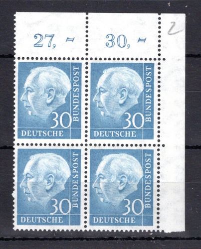 Bund MiNr. 187 v postfrisch 4er Block Eckrand or, ungefaltet