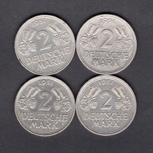 Bund 1951 4 x 2 DM Trauben u. Ähren D, F, G u. J