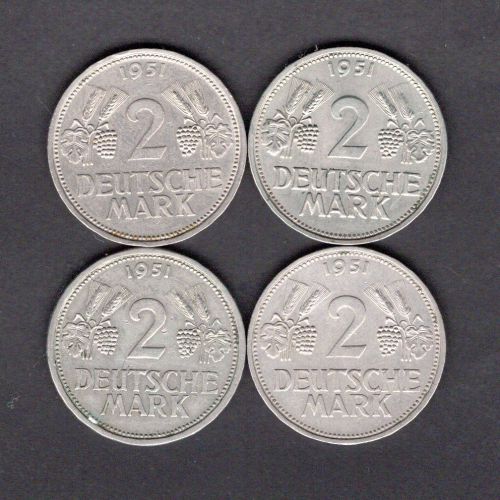 Bund 1951 4 x 2 DM Trauben u. Ähren D, F, G u. J