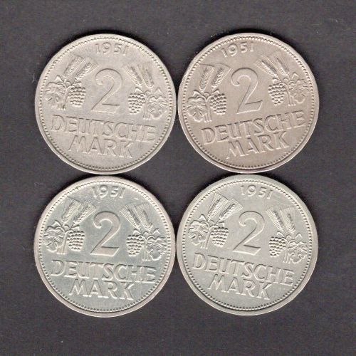 Bund 1951 4 x 2 DM Trauben u. Ähren D, F, G u. J