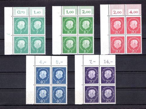 Berlin MiNr. 182-186 postfrisch 4er Blöcke Eckrand ol, ungefaltet