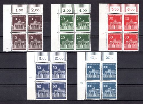 Berlin MiNr. 286-290 postfrisch 4er Blöcke Eckrand ol, DZ, ungefaltet