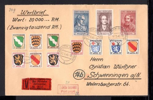 franz. Zone allg. Ausgaben MiNr. 1-13 R-Brief Ankunftsstempel