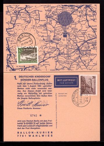Berlin MiNr. 233 gestempelt auf Sonder-Ballonflug 1. August 1964