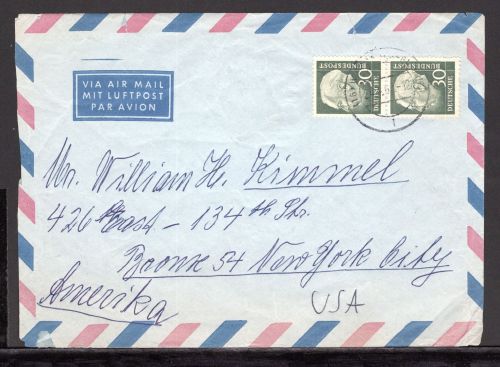 Bund MiNr. 259 y senkr. Paar Flugpost nach USA, gepr. Schlegel