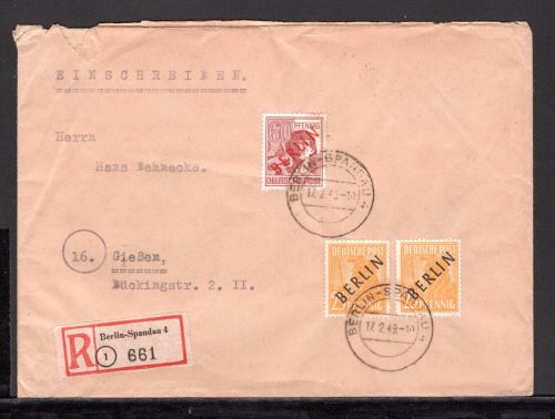 Berlin MiNr. 9 (2x) + 31 Mischfrankatur Schwarz- + Rotaufdruck R-Brief