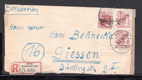 Berlin MiNr. 14 (2x) + 31 Mischfrankatur Schwarz- + Rotaufdruck R-Brief