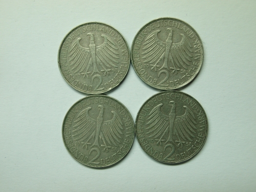 Bund 1958 4x 2 DM Max Planck D, F, G u. J