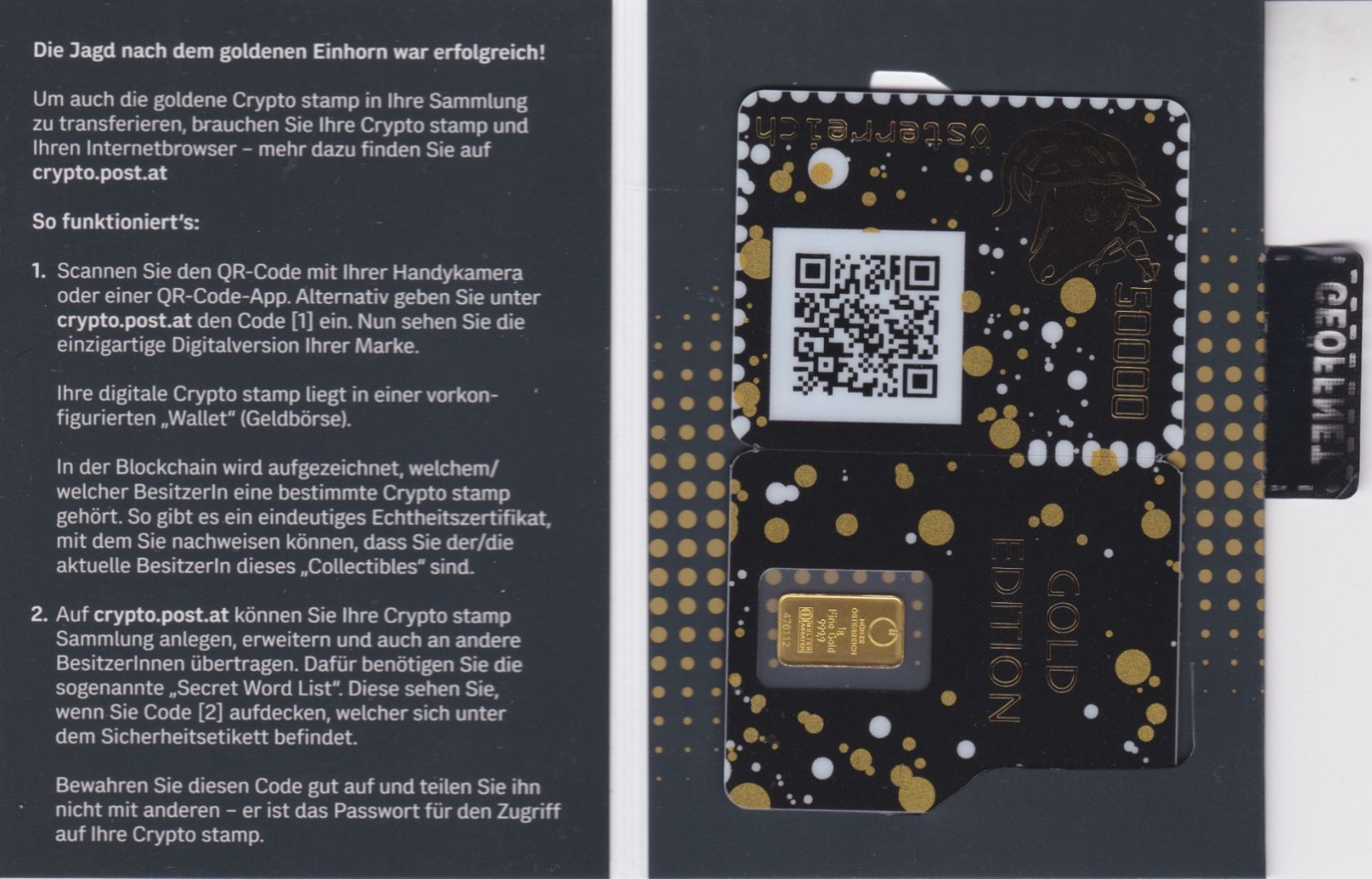 Österreich Crypto stamp Goldenes Einhorn unicorn mit Goldbarren -  Briefmarken Andreas Blobel