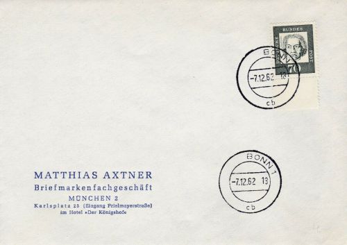 Bund 358 auf Brief vom 7.12.62 aus Bonn Stempel Postleizahl (22c) fehlt
