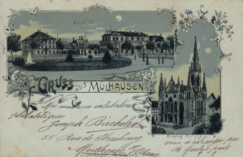 Mondschein-AK Gruss aus Mülhausen im Elsass Bahnhof Kirche 1899