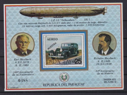 Paraguay Block 349 postfr./mnh Autos Zeppelin Maybach 1980 MUESTRA