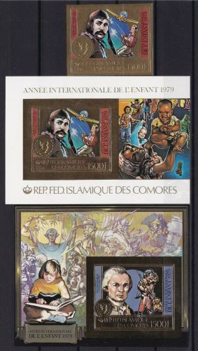 Komoren 560+Block 224/5 B postfr./mnh Kinder aviation J.Cook ungez.IMPERF. GOLD