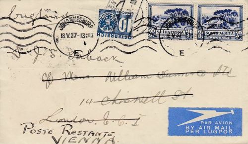 RSA Südafrika Brief nach London weitergeleitet nach Wien mit Nachporto 1937