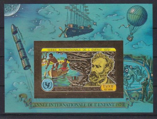 Zentralafrika Bl.57 B postfr./mnh Jahr des Kindes Jules Verne ungez.IMPERF. GOLD