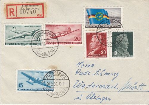 DDR 510/515 auf R-Brief aus Blechhammer nach Westernach 20.2.56