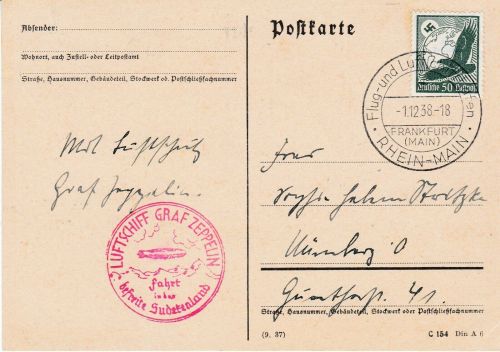 Deutsches Reich ZEPPELIN-Karte Sudetenland-Fahrt 1938