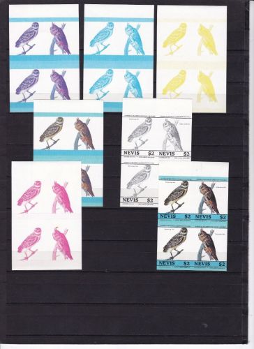 Nevis 258/259 postfr./mnh Fauna Vögel birds Eulen 28 Phasendrucke proofs