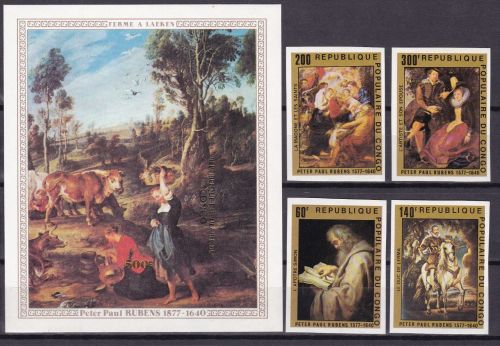 Kongo 606/609+Block 14 U postfr./mnh Gemälde paintings 1977 unegz.IMPERF.