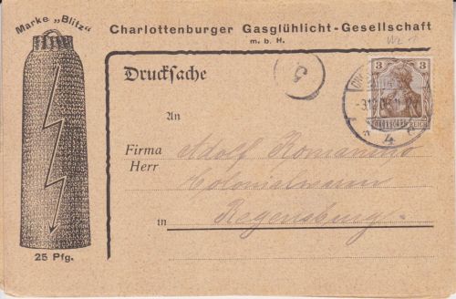 Charlottenburger Gasglühlicht Marke Blitz Werbe-Drucksache 1905