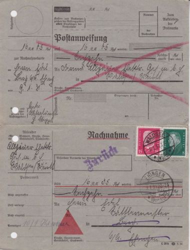 Postanweisung-Nachnahme-Karte Waldsee nach Ehringen und ZURÜCK 1931