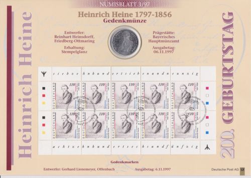 Numisblatt Heinrich Heine MIT Runen 1997