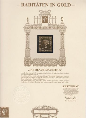 Die Blaue Mauritius - Raritäten in Gold - 99,8 Fein-Gold-Auflage