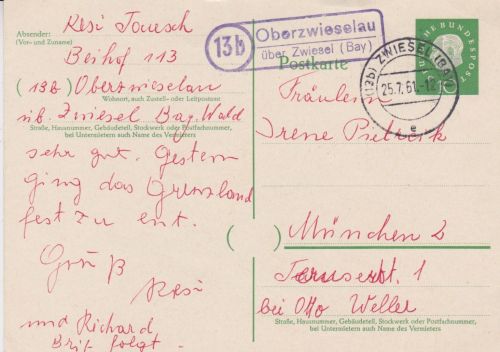 Bund P 49 mit Landpoststempel Oberzwieselsau 1961