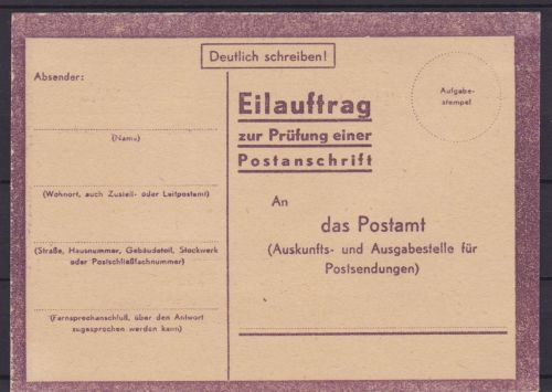 Deutsches Reich Eilauftrag zur Prüfung einer Postanschrift