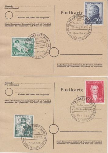 Alliierte 108/110 auf 2 Karten mit Sonderstempel Goethe Geburtstag 28.8.