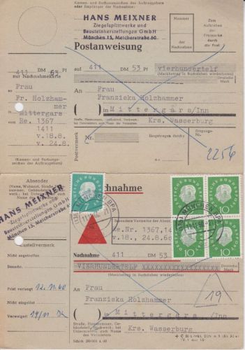 Bund 303 Viererblock auf Nachnahme Karte mit ZuF 1960