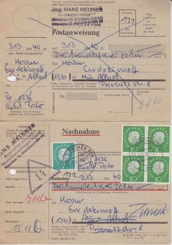 Bund 303 Viererblock auf Nachnahme Karte mit ZuF 1960