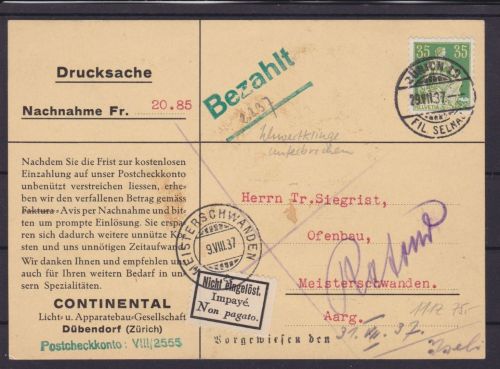 Schweiz Mi.105 z/Zum111z auf Nachnahme-Drucksache 1937