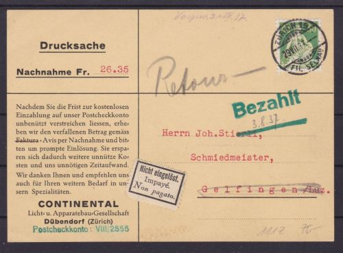 Schweiz Mi.105 z/Zum111z auf Nachnahme-Drucksache 1937