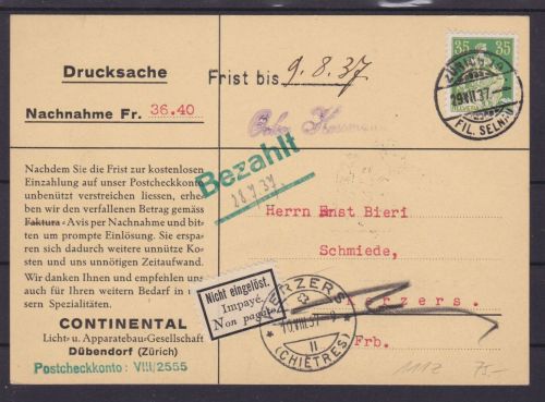 Schweiz Mi.105 z/Zum111z auf Nachnahme-Drucksache 1937