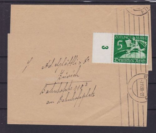 Deutsches Reich Z 738 auf Streifband Berlin nach Zürich 1939 Michel 250 €
