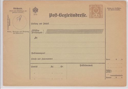 Österreich Post-Begleitadresse 10 h 1899