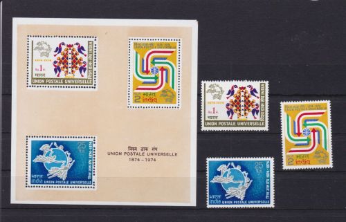 Indien 603/605 + Block 3 postfr./mnh UPU 1974