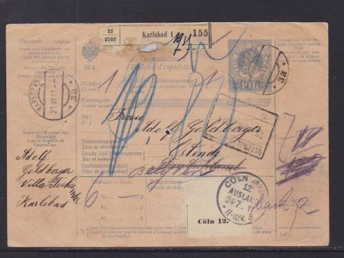 Österreich Post Begleitadresse Karlsbad - Köln - Ostende 1911