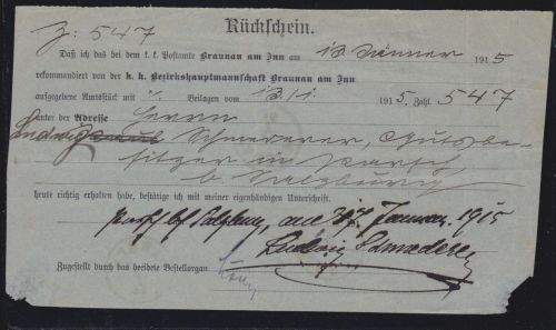 Österreich Rückschein Braunau am Inn - Parsch 1915