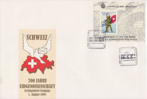 Uruguay Block 55 FDC Schweiz Eidgenossenschaft 1991