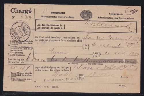 Schweiz Einzugsmandat Basel - Entlebuch 1889