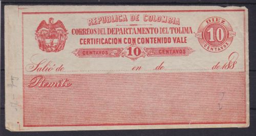 Kolumbien Tolima Wertbriefversicherungsmarke 10 I Certificacion con contenido