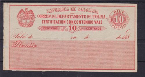 Kolumbien Tolima Wertbriefversicherungsmarke 10 I Certificacion con contenido
