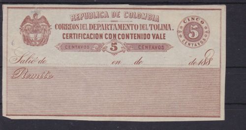 Kolumbien Tolima Wertbriefversicherungsmarke 9 I Certificacion con contenido