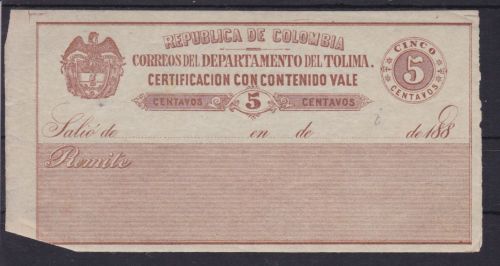 Kolumbien Tolima Wertbriefversicherungsmarke 9 I Certificacion con contenido