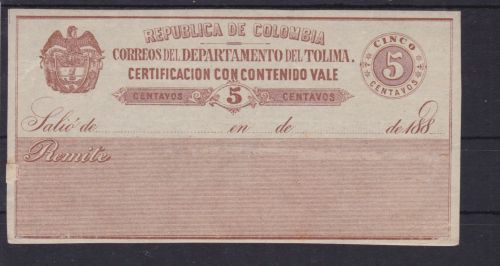 Kolumbien Tolima Wertbriefversicherungsmarke 9 I Certificacion con contenido