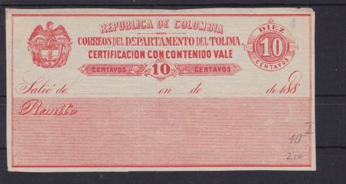 Kolumbien Tolima Wertbriefversicherungsmarke 10 I Certificacion con contenido